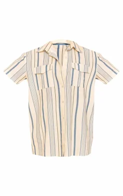 Blue Stripe Linen Look Pocket Front Short Sleeve Oversized Shirt