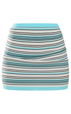 Blue Stripe Rib Knitted Mini Skirt