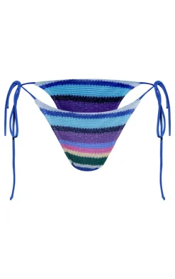 Blue Stripe Textured Tie Side Bikini Bottoms