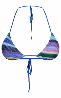 Blue Stripe Textured Triangle Bikini Top