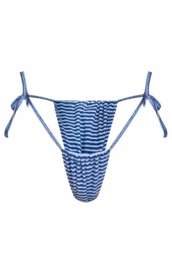 Blue Stripe Toweling Tie Side Bikini Bottoms