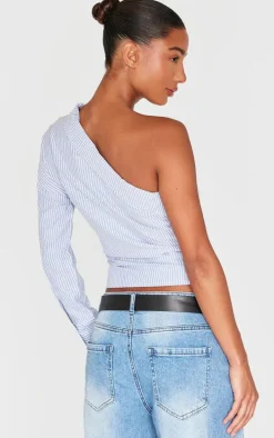 Blue Striped Asymmetric Cinched Blouse