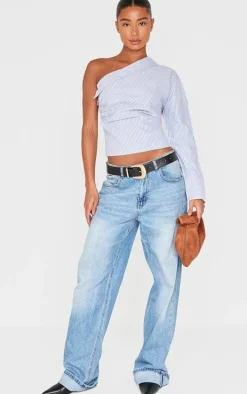 Blue Striped Asymmetric Cinched Blouse