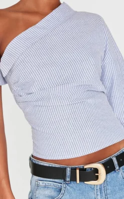 Blue Striped Asymmetric Cinched Blouse