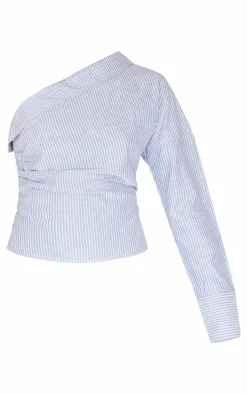 Blue Striped Asymmetric Cinched Blouse