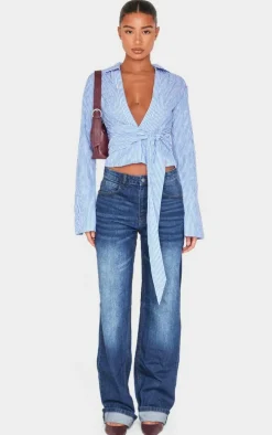 Blue Striped Cinched Tie Waist Shirt