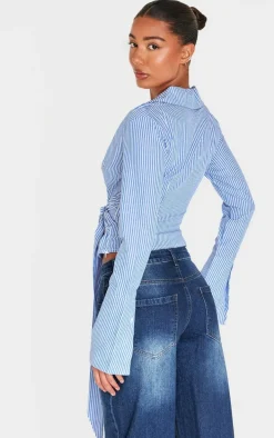 Blue Striped Cinched Tie Waist Shirt