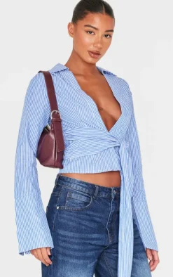 Blue Striped Cinched Tie Waist Shirt