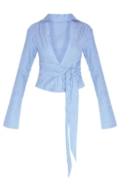 Blue Striped Cinched Tie Waist Shirt