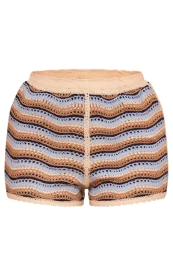 Blue Striped Crochet Knit Mini Shorts