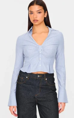 Blue Striped Ruching Detail Shirt