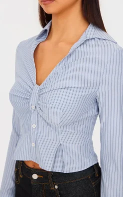 Blue Striped Ruching Detail Shirt