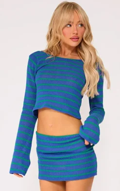 Blue Striped Textured Rib Low Rise Micro Mini Skirt