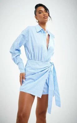 Blue Striped Tie Detail Long Sleeve Shirt Romper