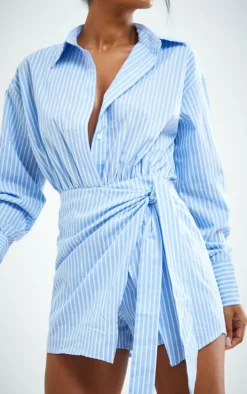 Blue Striped Tie Detail Long Sleeve Shirt Romper