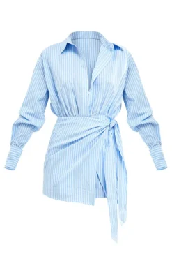 Blue Striped Tie Detail Long Sleeve Shirt Romper