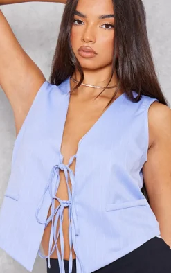 Blue Striped Tie Front Vest