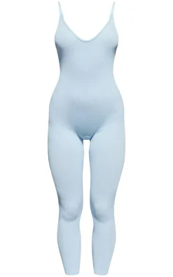 Blue Structured Snatched Rib Strappy Plunge Jumpsuit