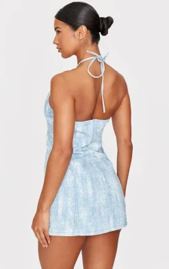 Blue Studded Diamante Denim Keyhole Mini Dress