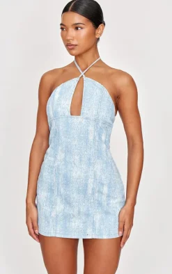 Blue Studded Diamante Denim Keyhole Mini Dress