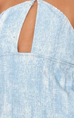 Blue Studded Diamante Denim Keyhole Mini Dress