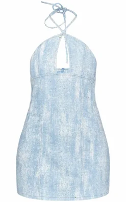 Blue Studded Diamante Denim Keyhole Mini Dress