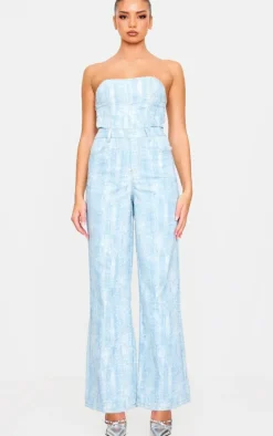 Blue Studded Diamante Denim Bandeau Wide Leg Jumpsuit