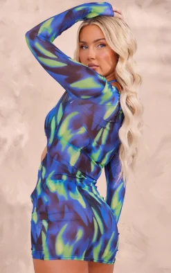 Blue Swirl Print Mesh Cut Out Mini Beach Dress