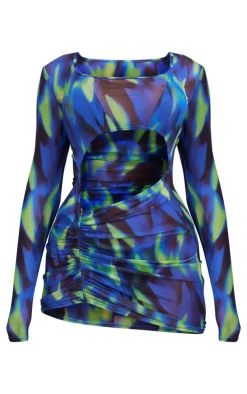 Blue Swirl Print Mesh Cut Out Mini Beach Dress