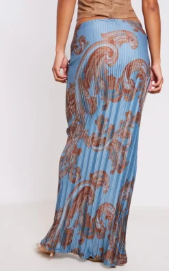Blue Swirl Printed Plisse Maxi Skirt