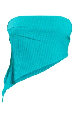 Blue Textured Asymmetric Hem Bandeau Long Top