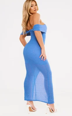 Blue Textured Bardot Asymmetric Ruched Midaxi Dress