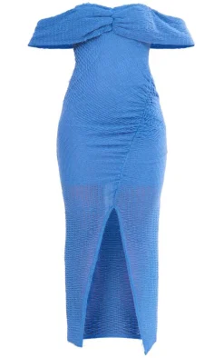 Blue Textured Bardot Asymmetric Ruched Midaxi Dress
