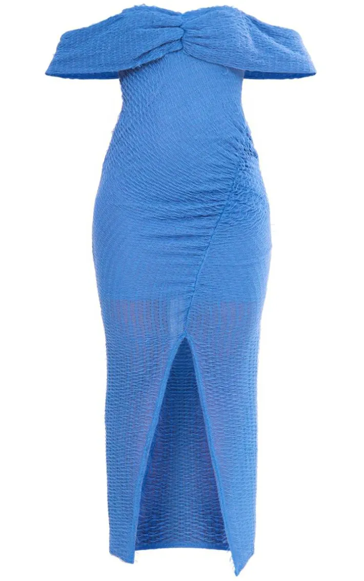 Blue Textured Bardot Asymmetric Ruched Midaxi Dress