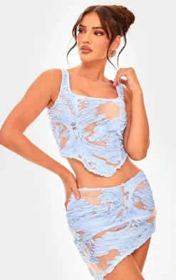 Blue Textured Chiffon Asymmetric Mini Skirt