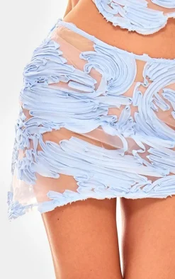 Blue Textured Chiffon Asymmetric Mini Skirt