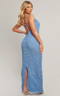 Blue Textured Cowl Cut Out Back Maxi Dress