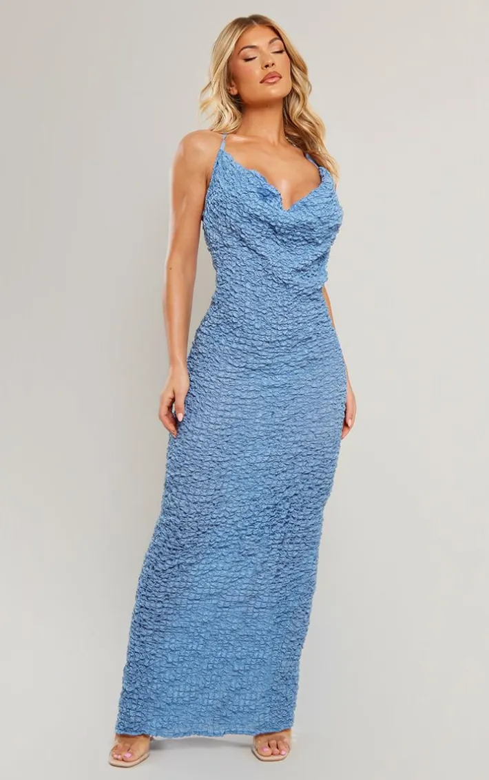 Blue Textured Cowl Cut Out Back Maxi Dress