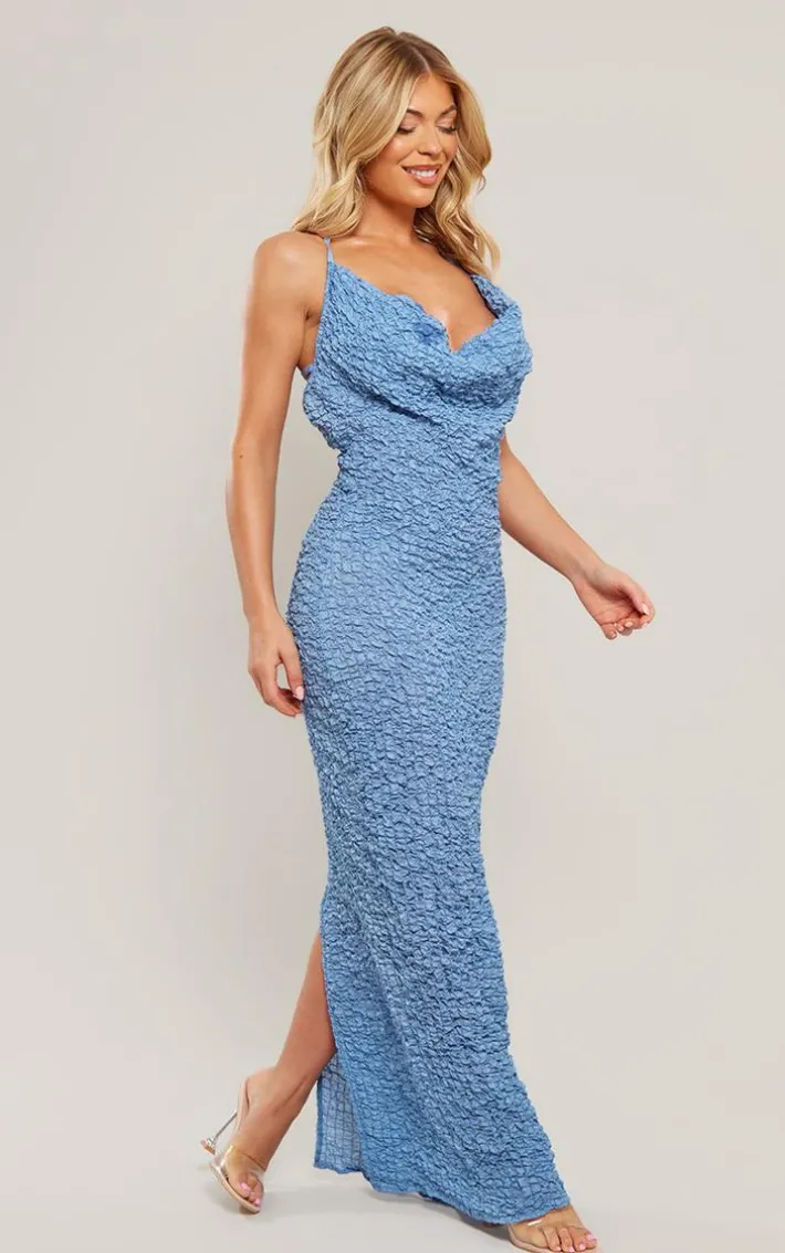 Blue Textured Cowl Cut Out Back Maxi Dress