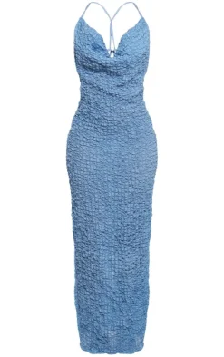 Blue Textured Cowl Cut Out Back Maxi Dress
