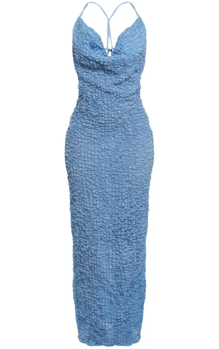 Blue Textured Cowl Cut Out Back Maxi Dress