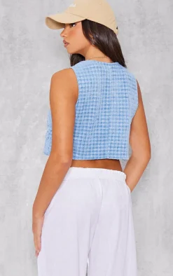 Blue Textured Cropped Vest