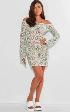 Blue Textured Flare Sleeve Bardot Shift Dress