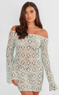 Blue Textured Flare Sleeve Bardot Shift Dress