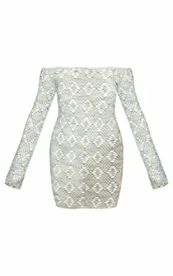 Blue Textured Flare Sleeve Bardot Shift Dress