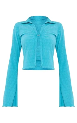 Blue Textured Hook And Eye Flared Sleeve Shirt