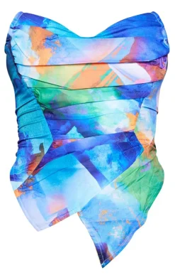 Blue Textured Print Woven Asymmetric Pointed Hem Corset