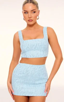 Blue Textured Sequin Button Up Crop Top