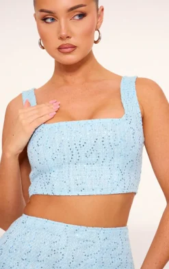 Blue Textured Sequin Button Up Crop Top