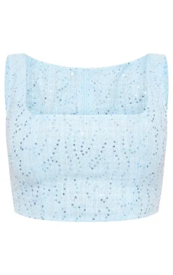 Blue Textured Sequin Button Up Crop Top